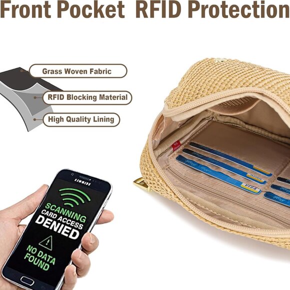 Khaki RFID Blocking Straw Summer Fanny Pack with Adjustable Strap for Women - Picture 3 of 8